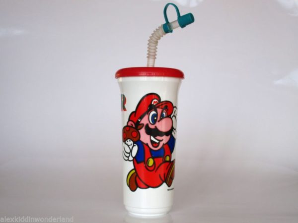 Very oldschool straw cup with the Super Mario logo on it